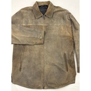 Andrew Marc Distressed Leather Medium Full Zip Shacket/Jacket Tan Medium